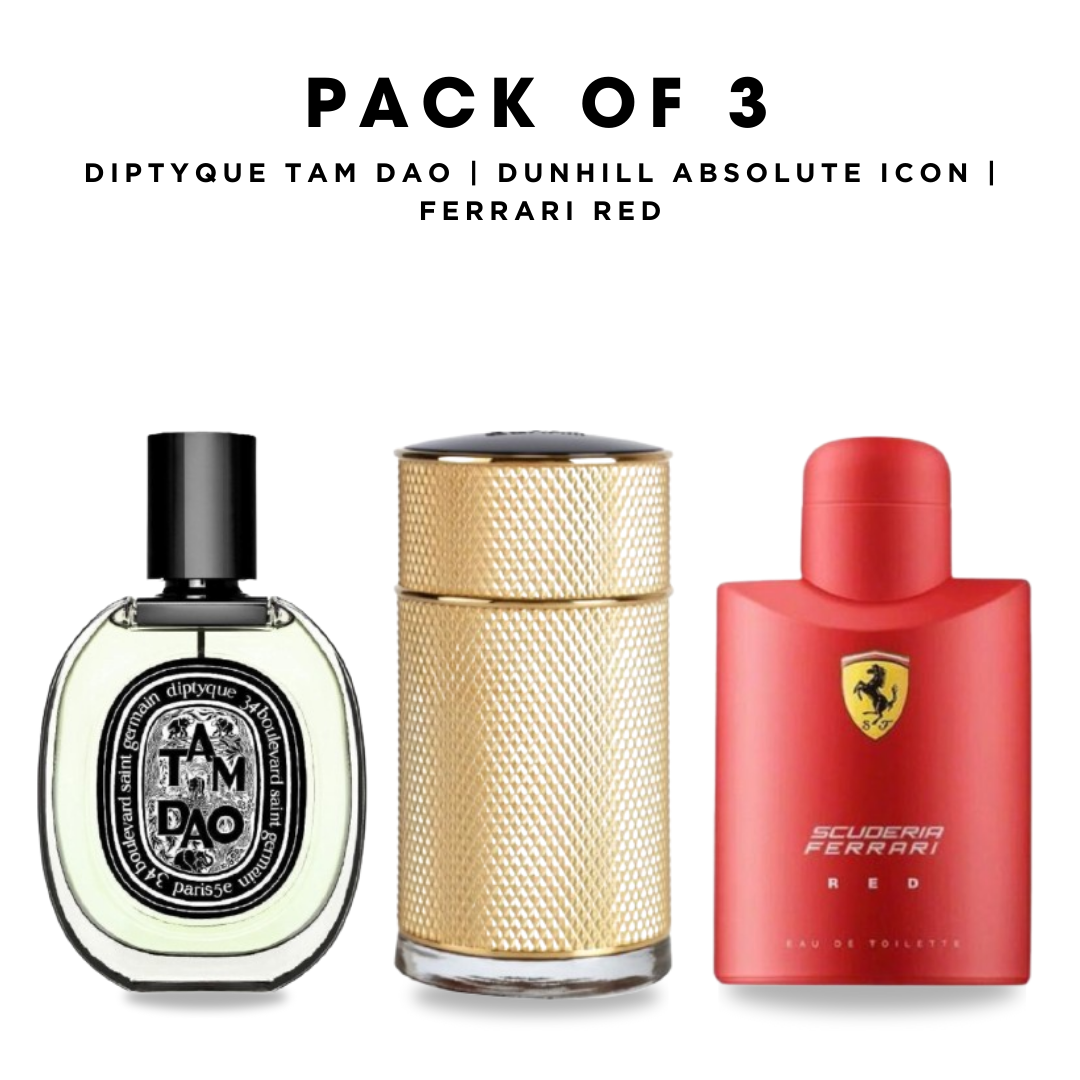 Pack of 3: Diptyque tam dao, Dunhill absolute icon, Ferrari red
