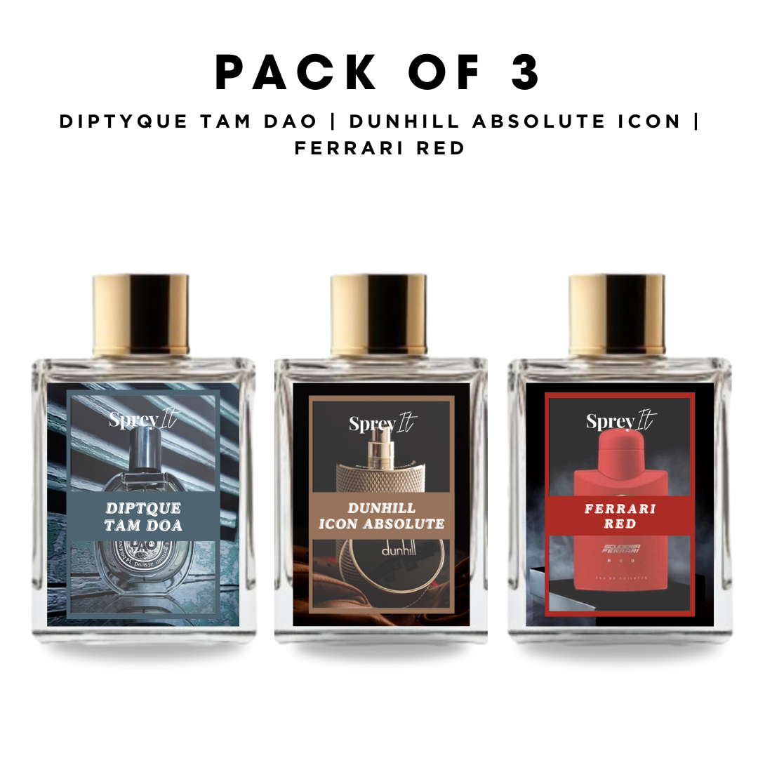 Pack of 3: Diptyque tam dao, Dunhill absolute icon, Ferrari red