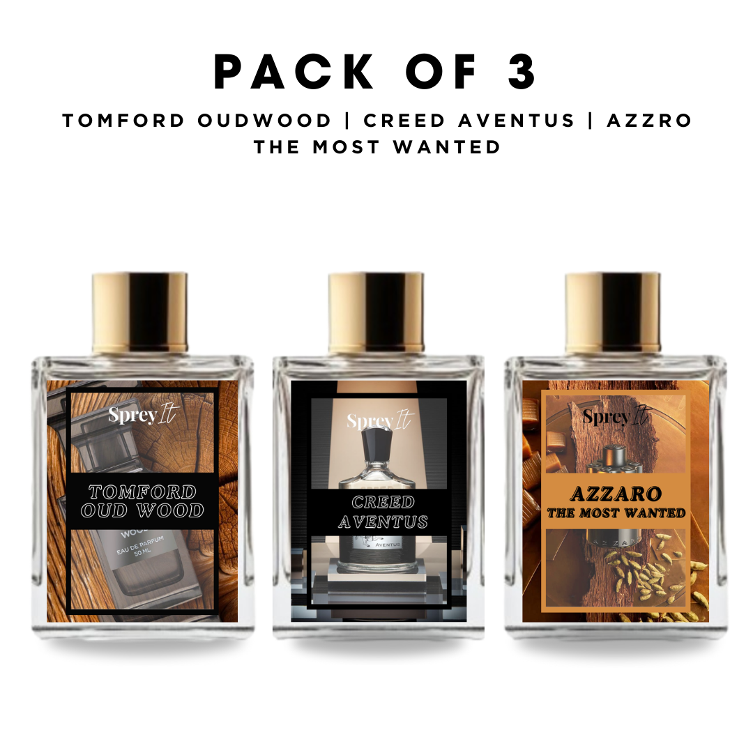 Pack of 3: Tomford oud wood, Creed aventus, azzaro the most wanted